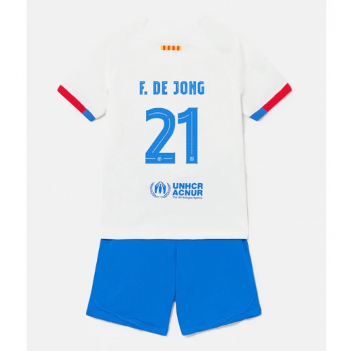 Otroški Nogometni dresi Barcelona Frenkie de Jong #21 Gostujoči 2023-24 Kratek Rokav (+ Kratke hlače)